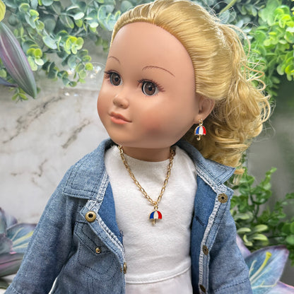 Red White Blue Patriotic Umbrella Charm Doll Necklace & Earrings for 18 Inch Fashion Doll