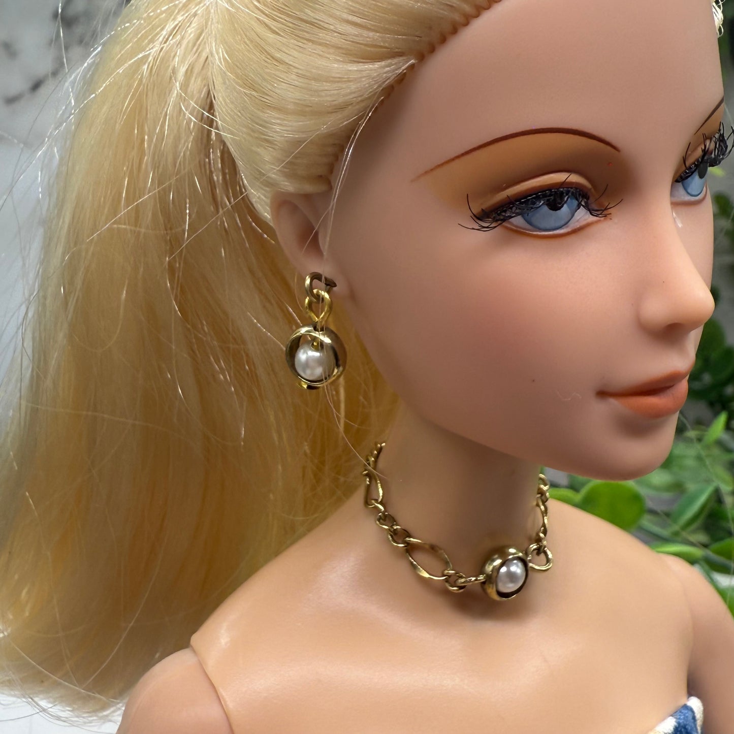 Gold Hoop Circle Pearl Chain Doll Necklace Earring Set • 16 Inch Fashion Doll Jewelry
