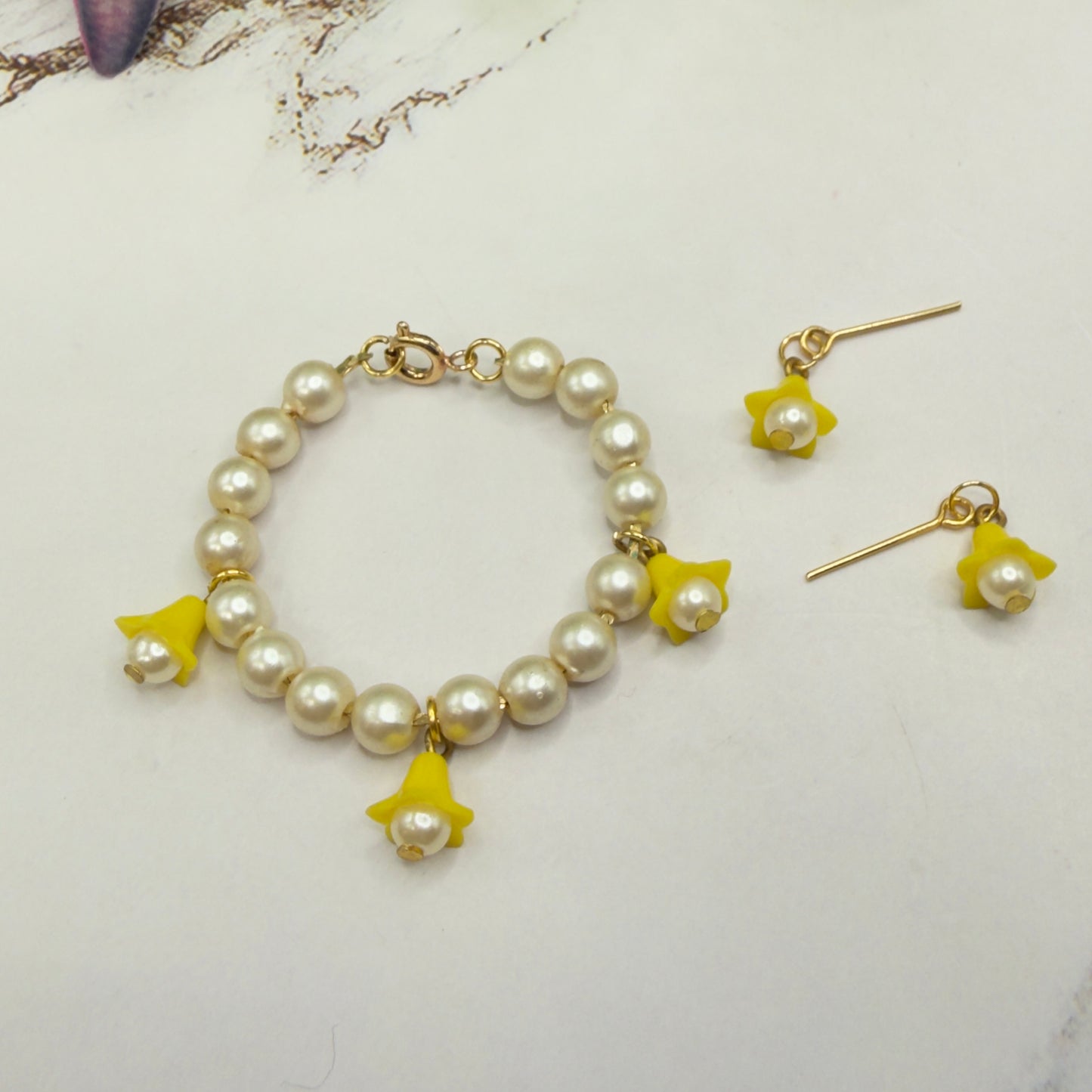 Light Yellow Bell Flower Dangle Pearl Beaded Doll Necklace & Earring • 14 Inch Fashion Doll Jewelry