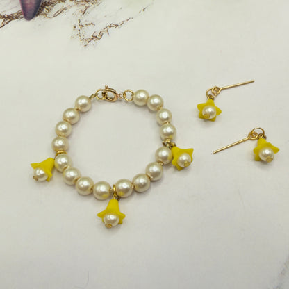 Light Yellow Bell Flower Dangle Pearl Beaded Doll Necklace & Earring • 14 Inch Fashion Doll Jewelry