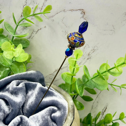 Cobalt Blue Crystal Bright Color Floral Swirl Design Cloisonné - 6 Inch • Hatpin - Stick Pin