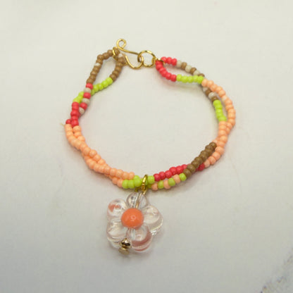 Clear Flower Charm Pink Green Coral Brown Beaded Doll Necklace • 14 Inch Fashion Doll Jewelry