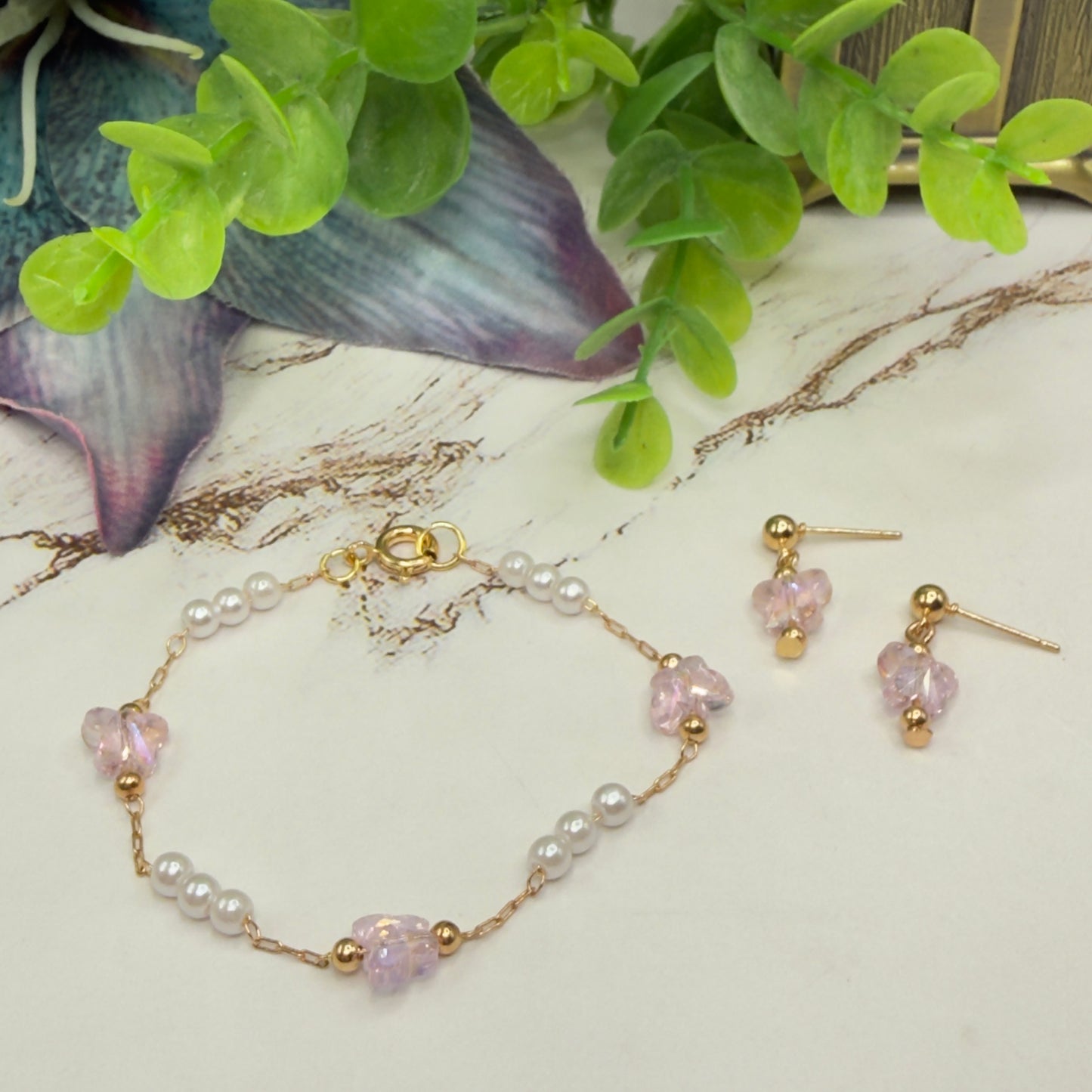 Light Pink Acrylic Crystal & Pearl Beaded Doll Necklace and Earrings Set • 18 Inch Fashion Doll Jewelry
