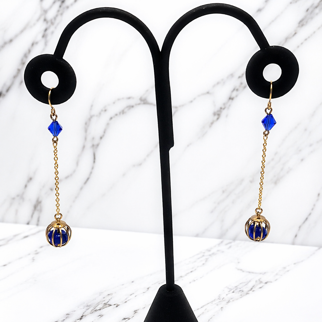 Blue Crystal and Gold Tone Chain Cage Bead Dangle Earrings - Handmade
