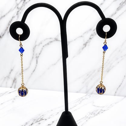 Blue Crystal and Gold Tone Chain Cage Bead Dangle Earrings - Handmade