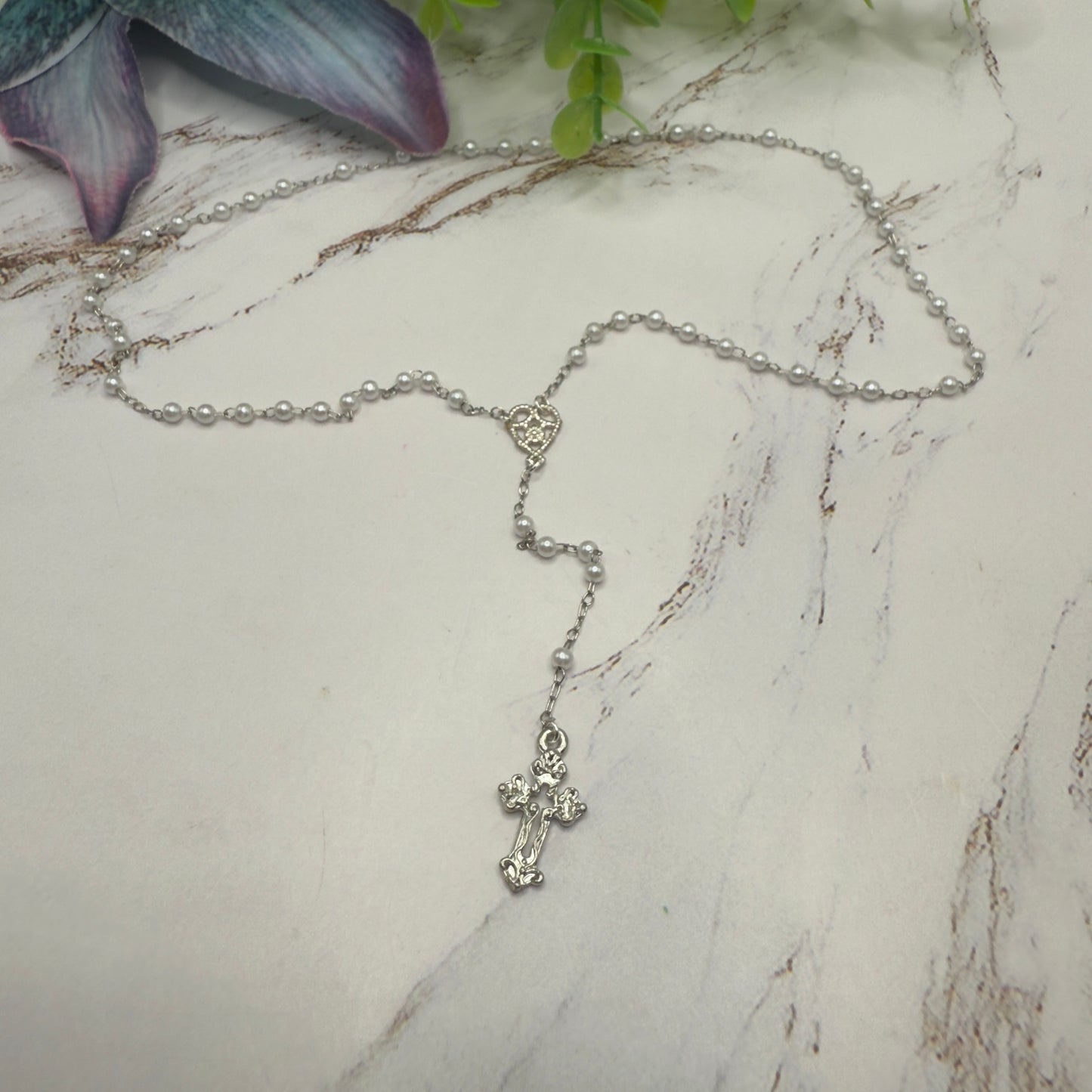 Pearl Beaded Silver Cross • Doll Size Catholic Rosary for 18-22” Fashion or Vintage Dolls