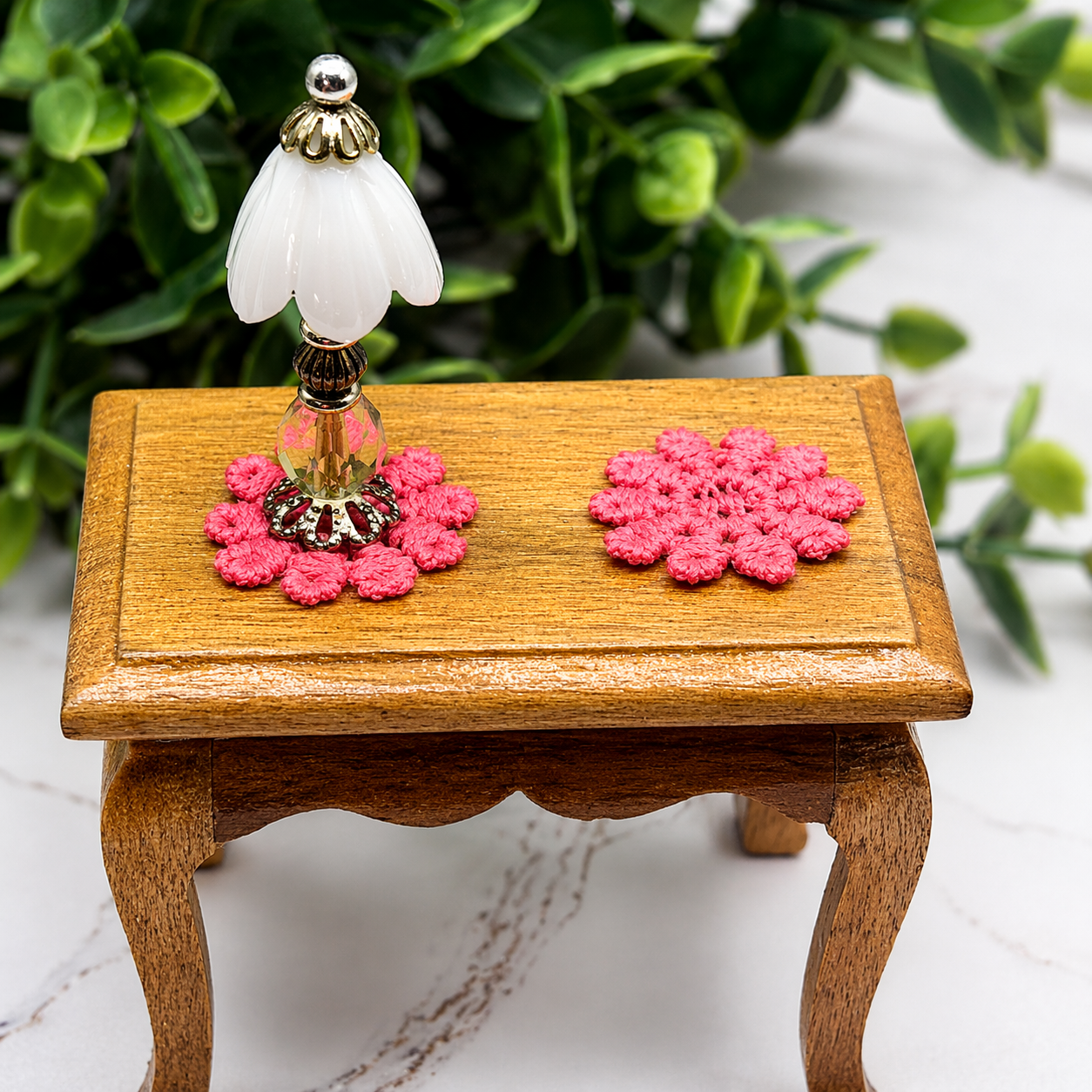 Set Of Six Pink Crochet Fabric Doilies Doily • Dollhouse Miniature Decor