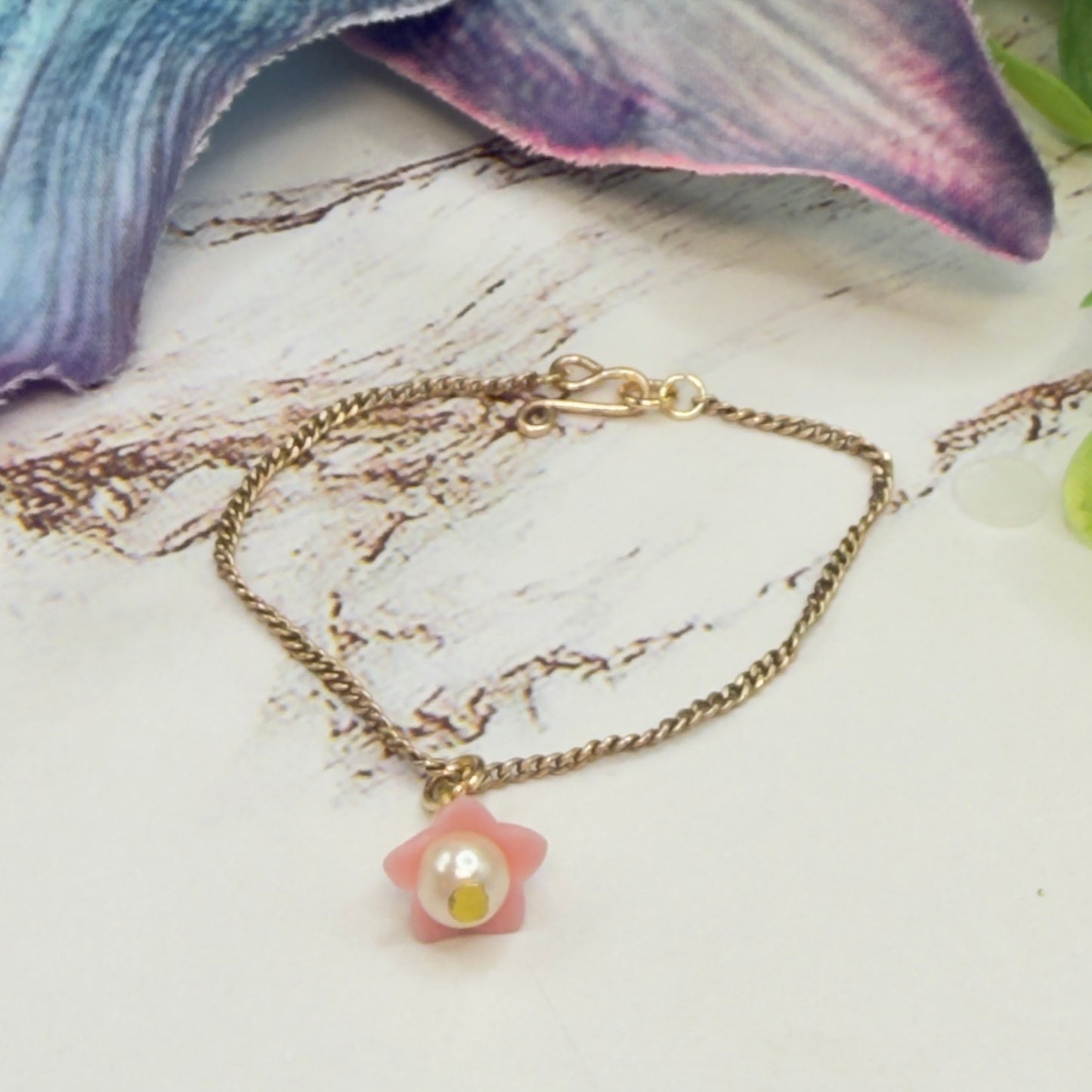 Pink Bell Flower Pearl Center Charm Gold Chain Doll Necklace • 14 Inch Fashion Doll Jewelry