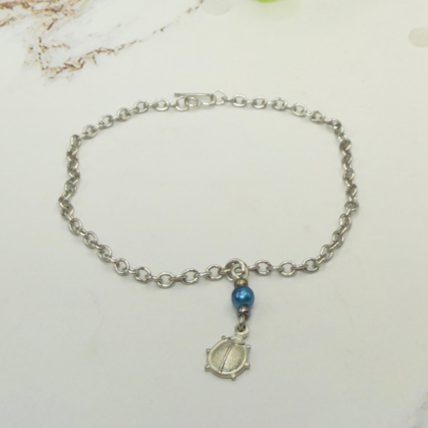 Silver Lady Bug Blue Pearl Charm Doll Necklace • 18 Inch Fashion Doll Jewelry