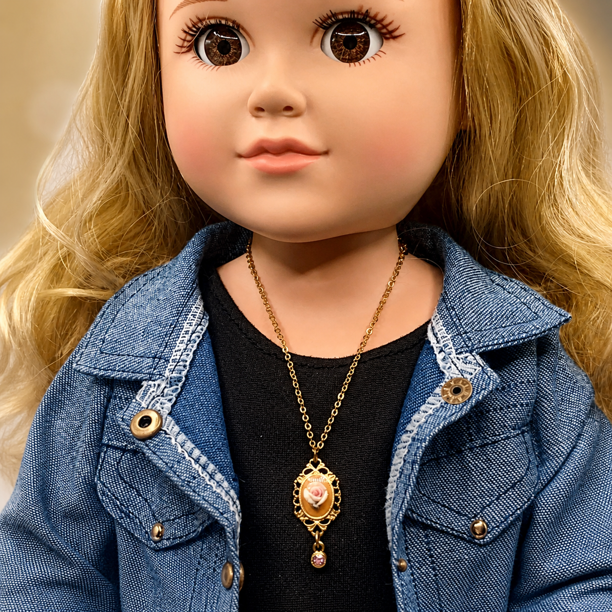 Rose Detail Pink Rhinestone Filigree Pendant Doll Necklace •18 Inch Doll Jewelry