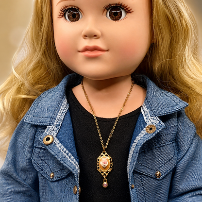 Rose Detail Pink Rhinestone Filigree Pendant Doll Necklace •18 Inch Doll Jewelry