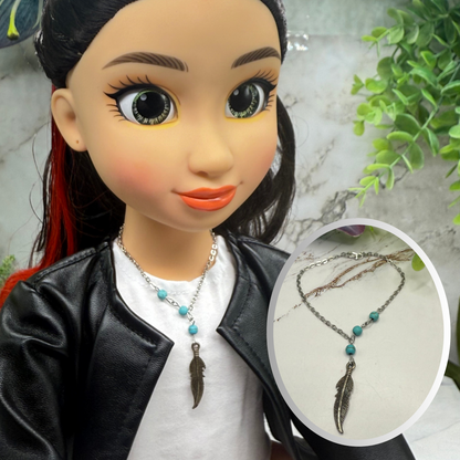 Turquoise Blue Beads Silver Feather Native Western Style Doll Necklace • 18 Inch Fashion Doll Jewelry