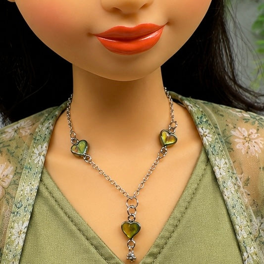 Green Multi Tone Abalone Heart Charm Y-Style Doll Necklace • 18 Inch Fashion Doll Jewelry