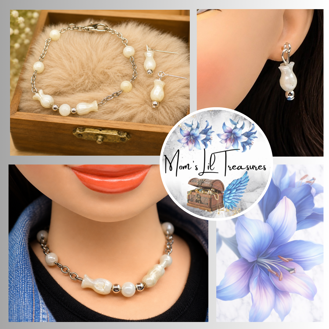 Cream Pearly Tulip Shape Beaded Doll Necklace Earring Set • 18 Inch Doll Jewelry