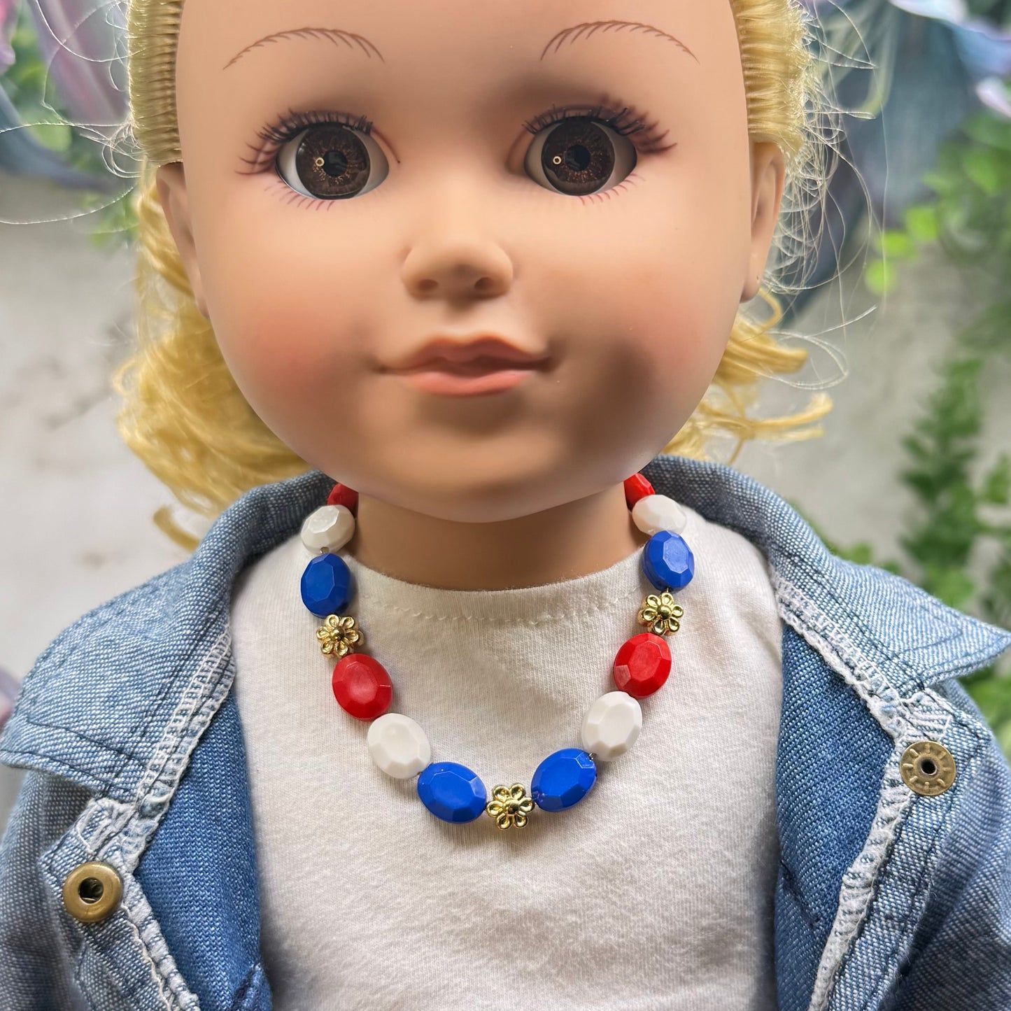 Red White Blue Beaded Gold Flower Americana Doll Necklace for 18 Inch Fashion Doll