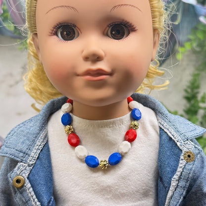 Red White Blue Beaded Gold Flower Americana Doll Necklace for 18 Inch Fashion Doll