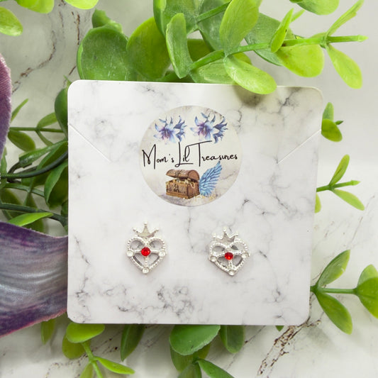 Silver Heart w/ Crown Red Rhinestone Post Doll Earrings • 2mm Post for 18 Inch Fashion Doll
