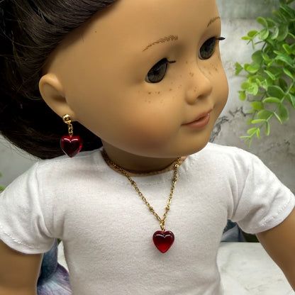 Red Burgundy Heart Pendant Gold Chain Doll Necklace & Earrings • 2mm Post for 18 Inch Fashion Doll