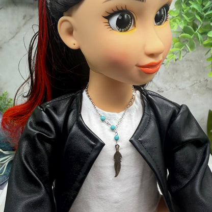 Turquoise Blue Beads Silver Feather Native Western Style Doll Necklace • 18 Inch Fashion Doll Jewelry