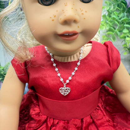 Silver Filigree Heart Charm Pearl Beaded Doll Necklace • 18 Inch Fashion Doll Jewelry