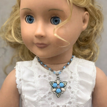 Turquoise Blue Glass Rhinestone Starburst Design Doll Necklace •18” Doll Jewelry
