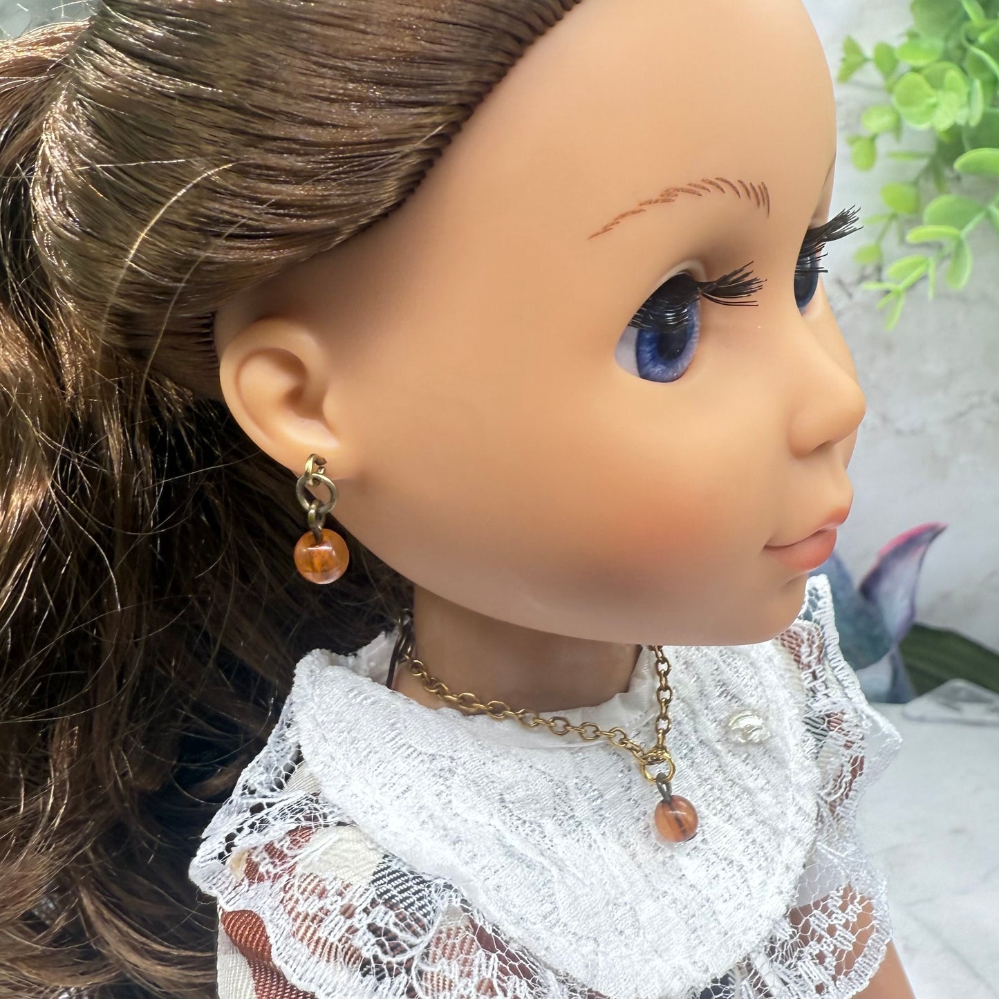 Brown Acrylic Drop Bead Gold Chain Doll Necklace & Earrings • 14 Inch Fashion Doll Jewelry