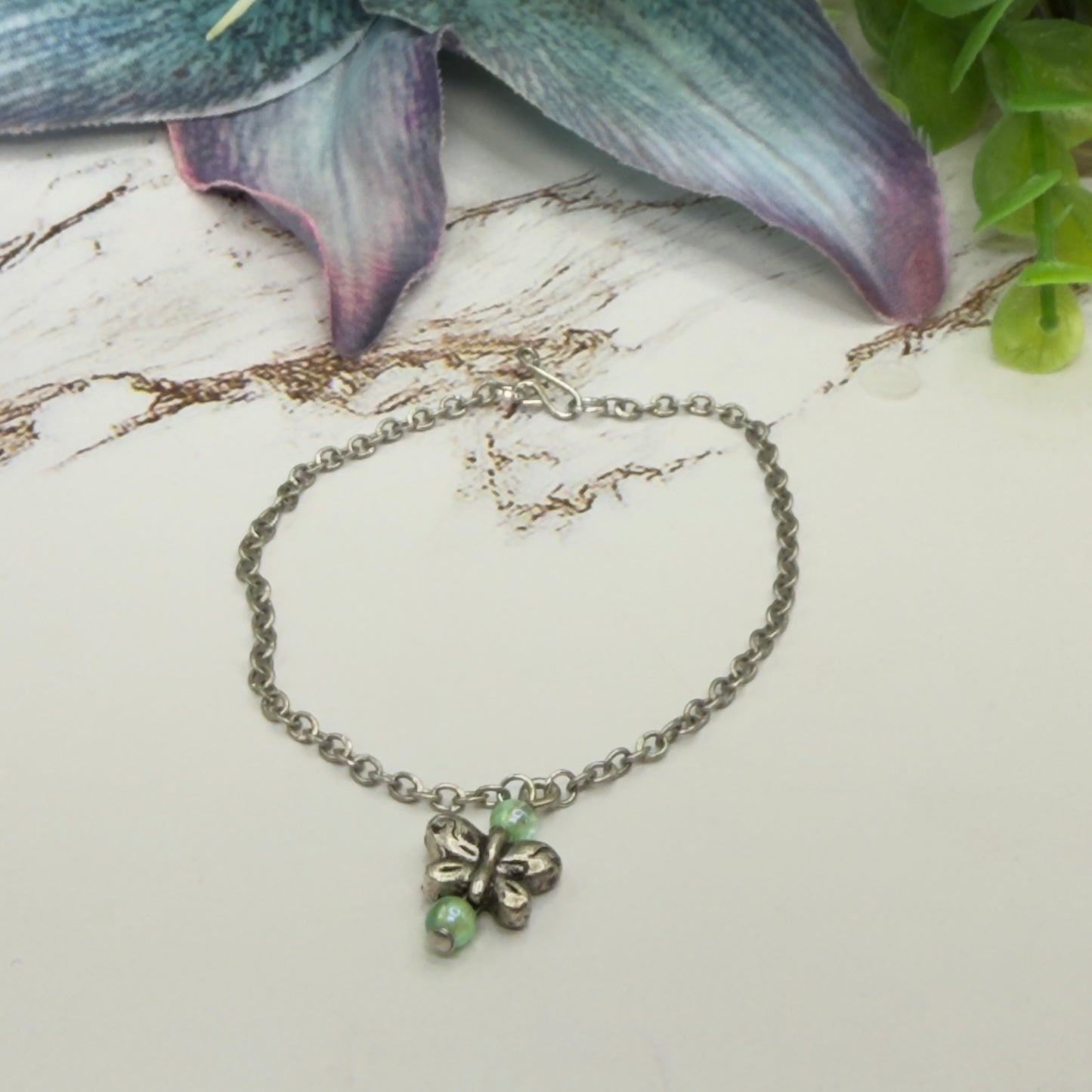 Butterfly Charm Green Bead Accents Silver Chain Doll Necklace • 18 Inch Fashion Doll Jewelry