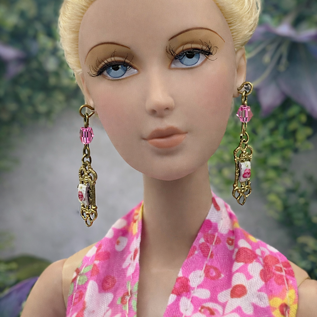 Pink Crystal Rose Design Gold Filigree Dangle Doll Earrings • 16” Doll Jewelry