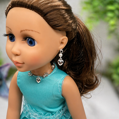 Silver Heart Charm Nylon String Pearl & Acrylic Crystal Necklace & Earrings • 14 Inch Fashion Doll Jewelry