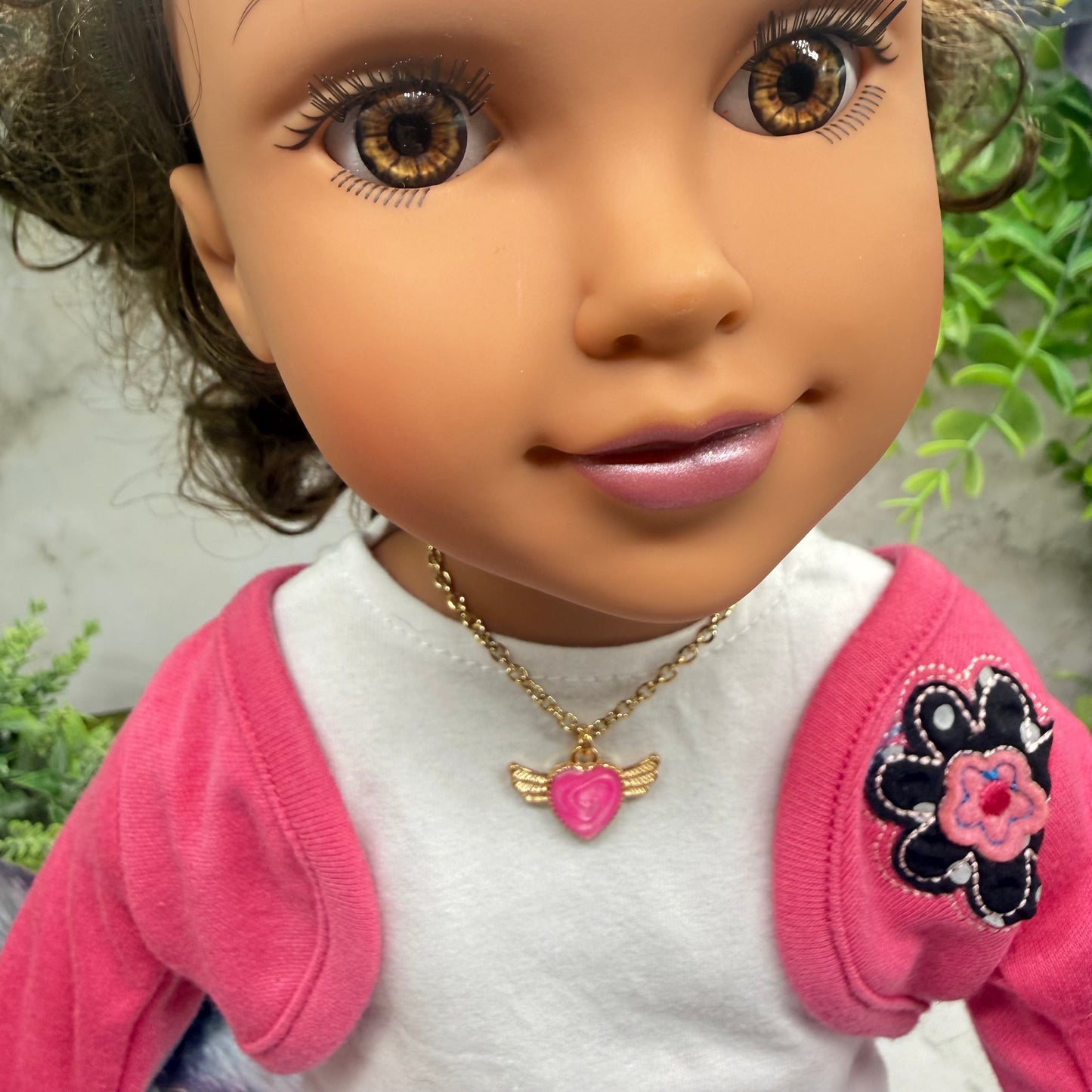 Pink Heart W/ Wings Pendant Gold Chain Doll Necklace • 18 Inch Fashion Doll Jewelry