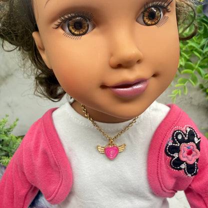 Pink Heart W/ Wings Pendant Gold Chain Doll Necklace • 18 Inch Fashion Doll Jewelry