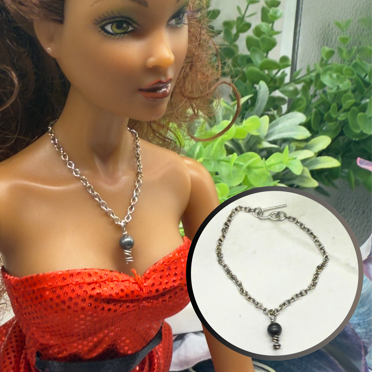 Metallic Gray Pearl Drop Pendant Silver Doll Necklace • 16” Fashion Doll Jewelry