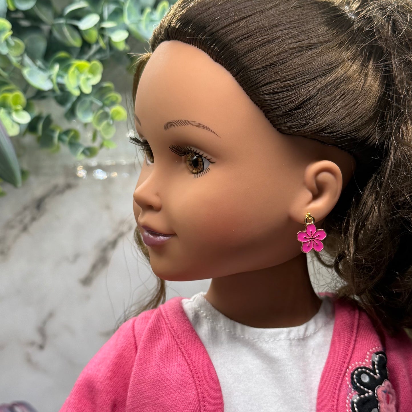 Bright Pink Sakura Cheery Blossom Flower Dangle Doll Earrings • 18 Inch Fashion Doll Jewelry