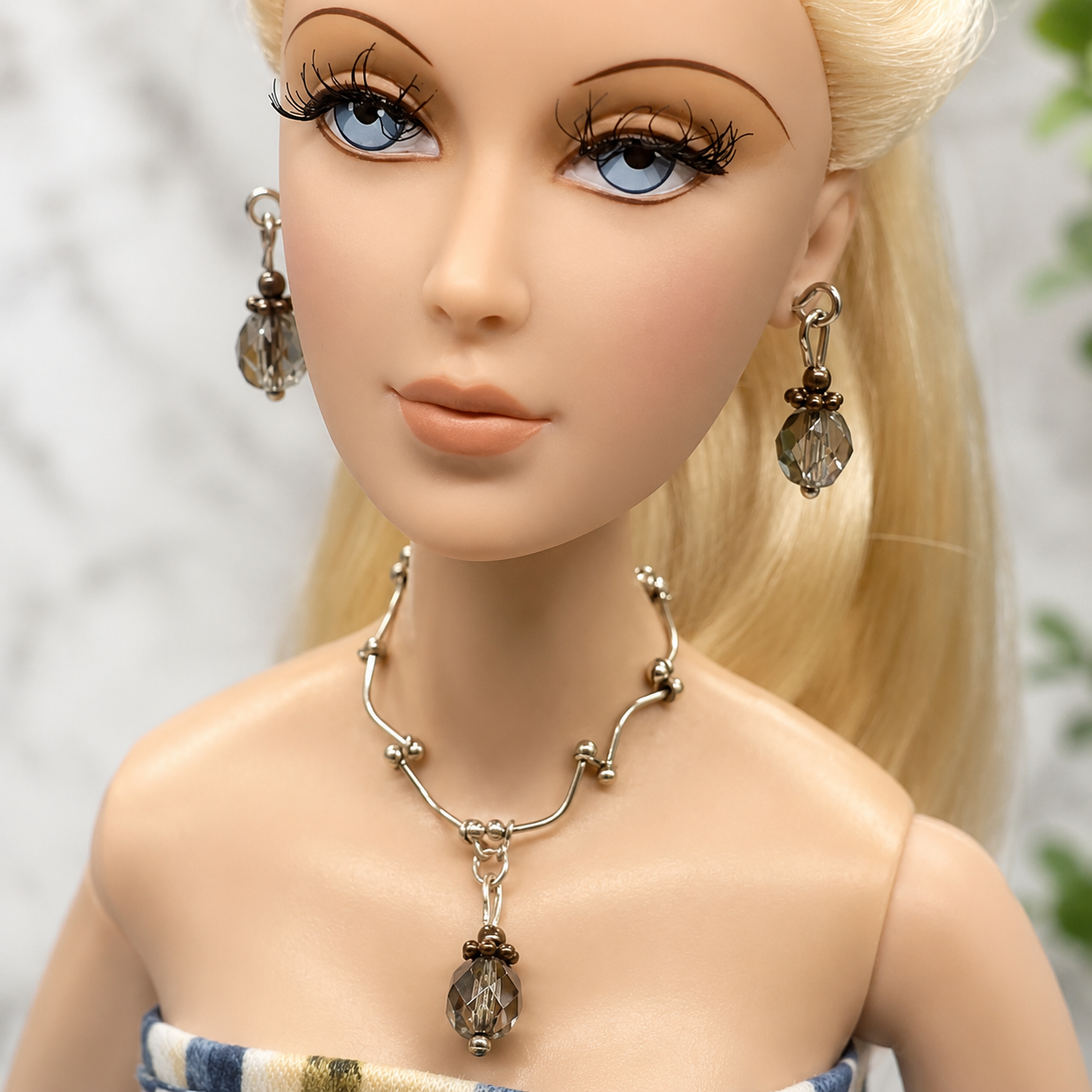 Grayish Green Crystal Silver Chain Doll Necklace Earring Bracelet Set • 16” Doll Jewelry