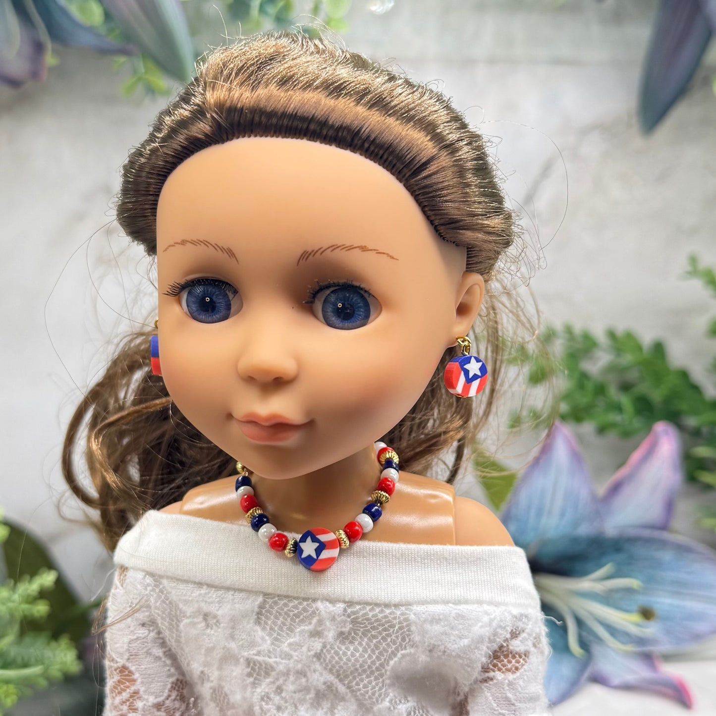 Red White Blue Americana Beaded Doll Necklace & Earrings Set for 14 Inch Fashion Doll