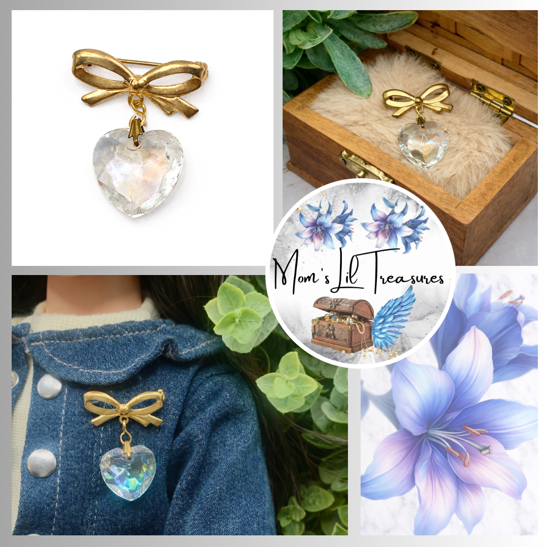 Clear Glass Heart Pendant Gold Tone Bow Pin • Doll Brooch