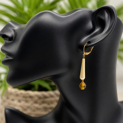 Elongated Teardrop Pearl & Gold Glass Crystal Drop Dangle Earrings - Handmade
