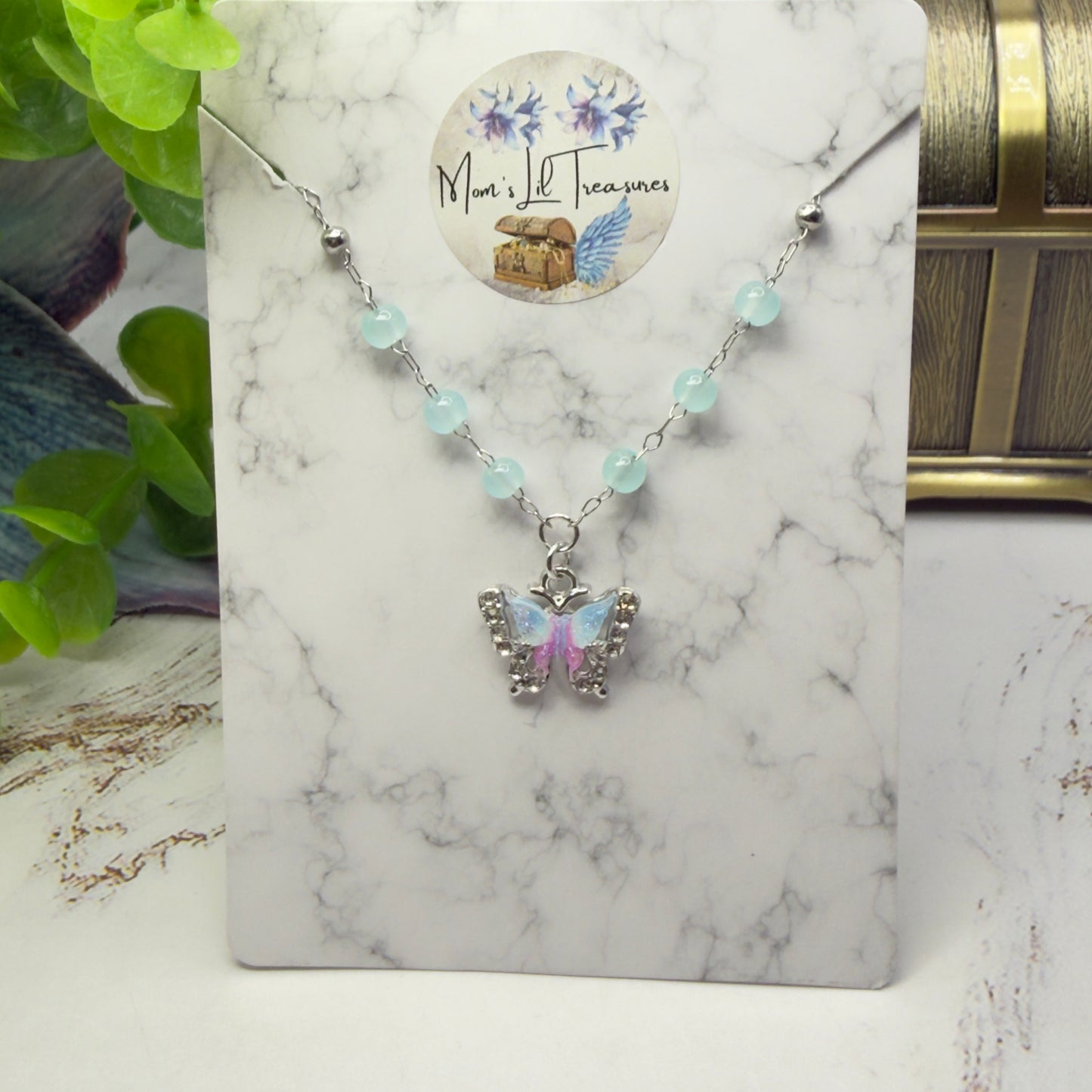 Blue Purple Butterfly Charm Light Blue Beaded Doll Necklace • 18 Inch Fashion Doll Jewelry