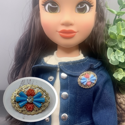 Gold Tone Oval Filigree Blue & Coral Rose Accents Pin • Doll Brooch