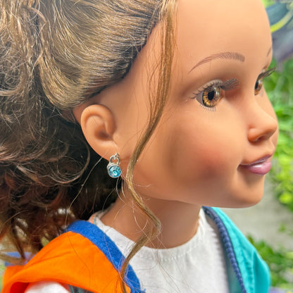 Round Turquoise Blue Rhinestone Silver Doll Earrings • 18 Inch Fashion Doll Jewelry