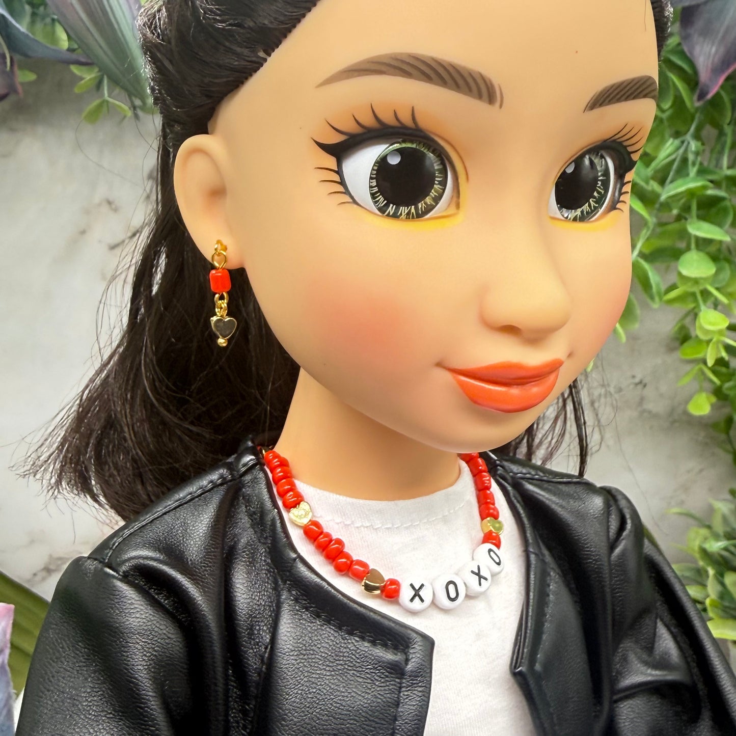 Red White Gold Bead XOXO Heart Doll Necklace & Earrings Set • 18 Inch Fashion Doll Jewelry