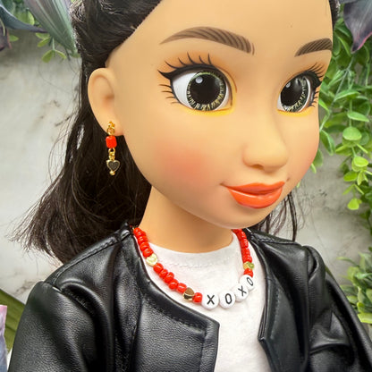 Red White Gold Bead XOXO Heart Doll Necklace & Earrings Set • 18 Inch Fashion Doll Jewelry