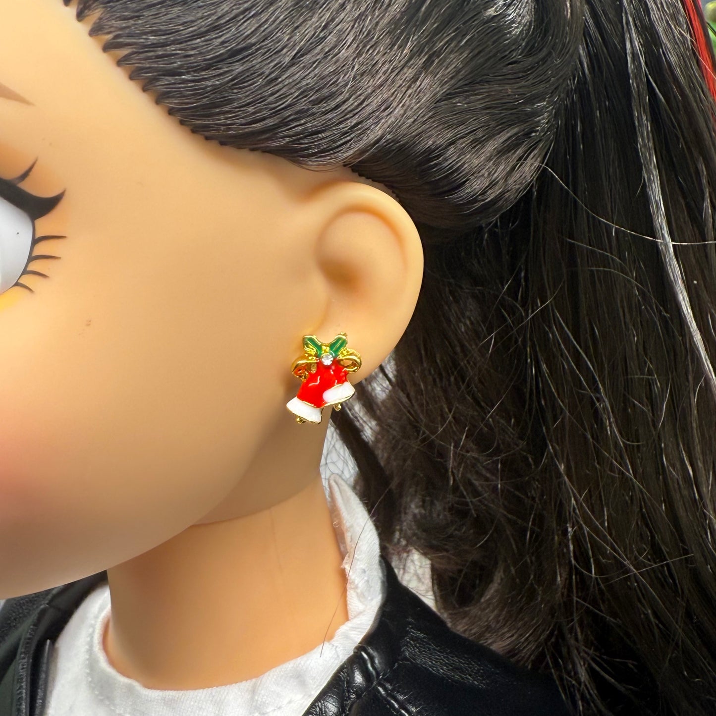 Red White Enamel Gold Metal Christmas Bell Post Earrings • 18 Inch Fashion Doll Jewelry