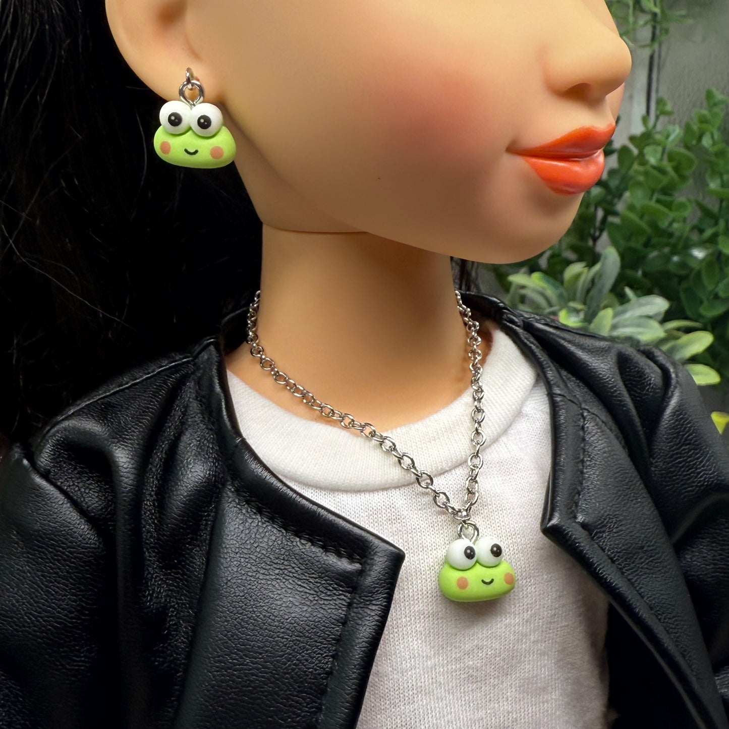 Keroppi Cute Frog Charm Necklace & Earrings Set • 18 Inch Fashion Doll Jewelry