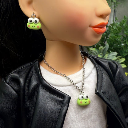 Keroppi Cute Frog Charm Necklace & Earrings Set • 18 Inch Fashion Doll Jewelry