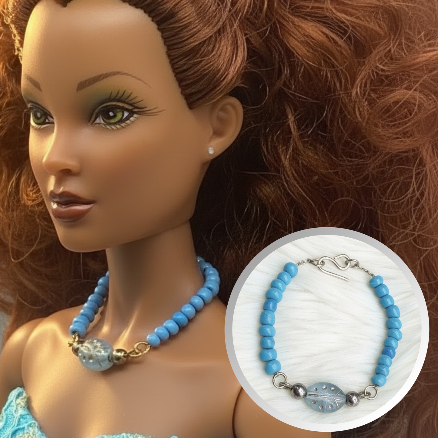 Turquoise Blue Glass Beaded Gold Doll Necklace • 16 Inch Fashion Doll Jewelry
