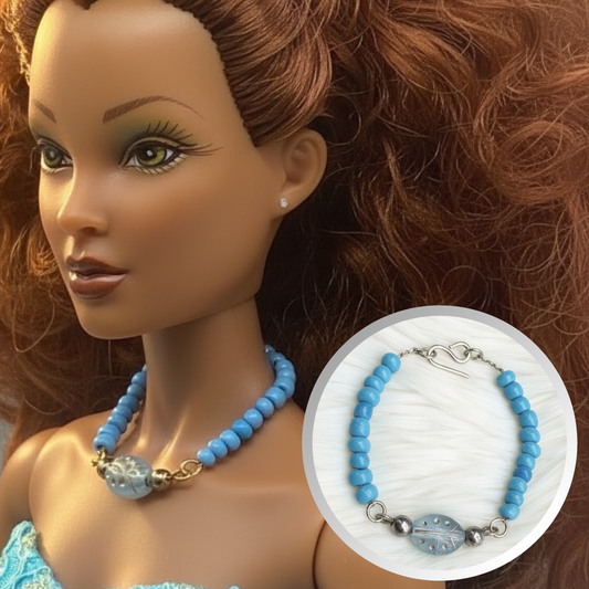 Turquoise Blue Glass Beaded Gold Doll Necklace • 16 Inch Fashion Doll Jewelry