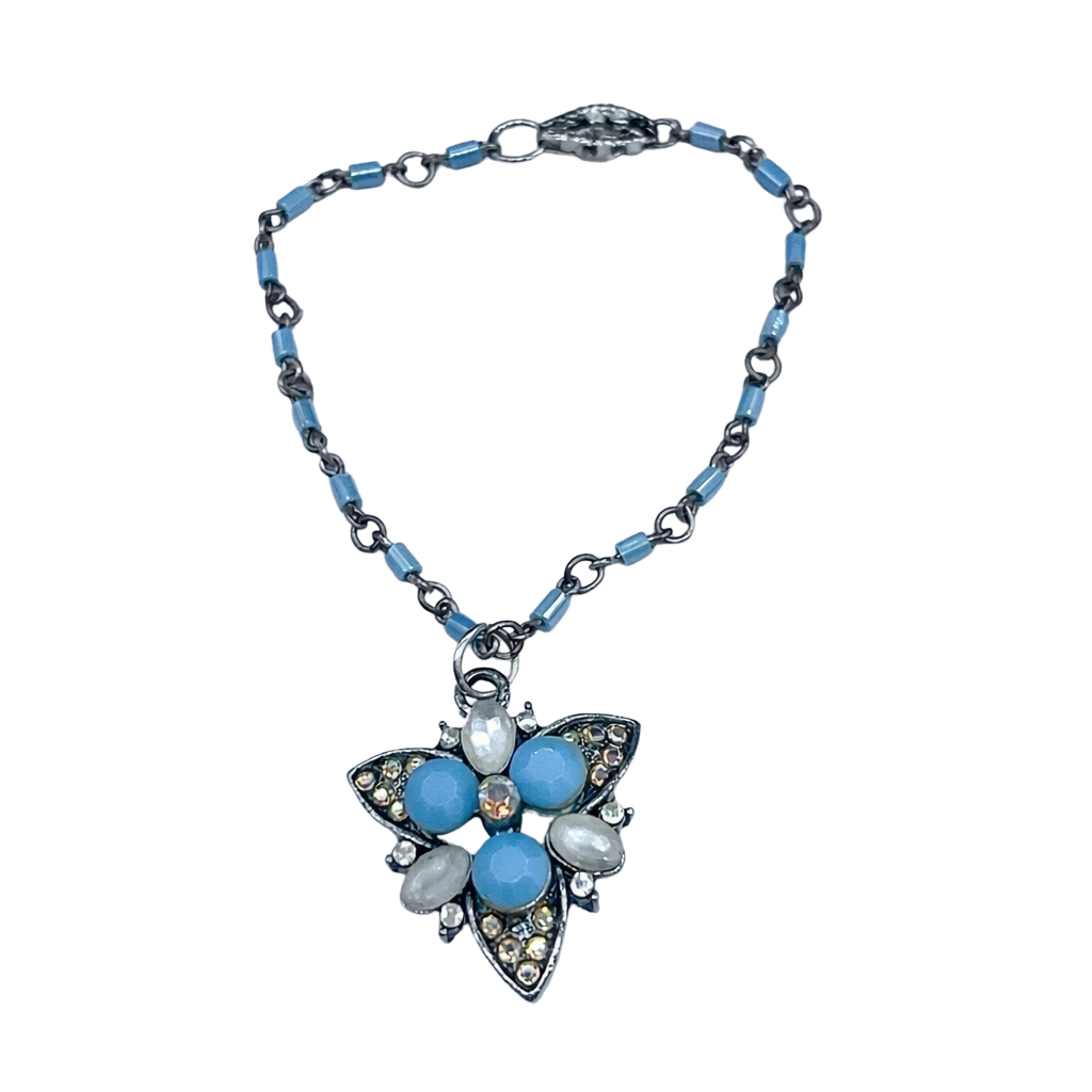 Turquoise Blue Glass Rhinestone Starburst Design Doll Necklace •18” Doll Jewelry