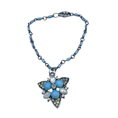 Turquoise Blue Glass Rhinestone Starburst Design Doll Necklace •18” Doll Jewelry