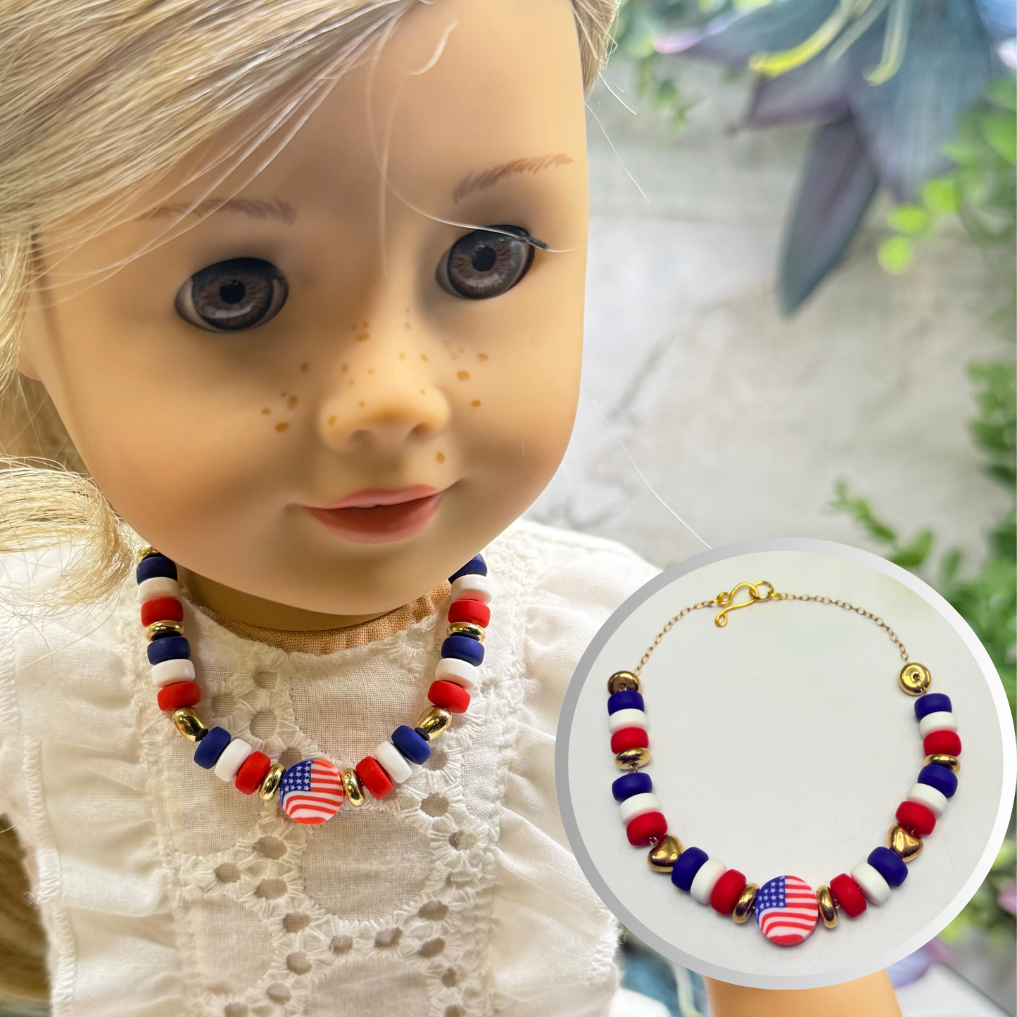 Red White Blue Beaded American Flag Charm Doll Necklace for 18 Inch Fashion Doll